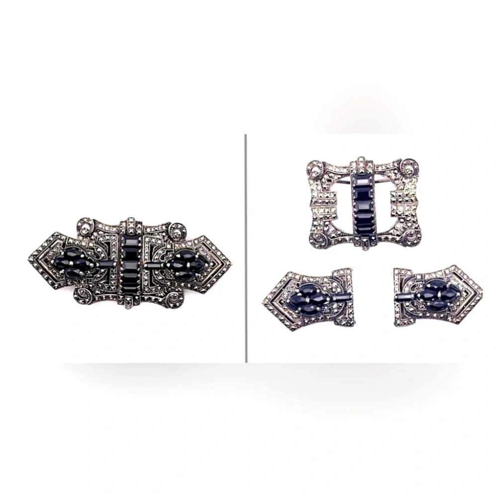 Vintage Art Deco Convertible Sterling Brooch Duette Dress Clip Set Black Crystal